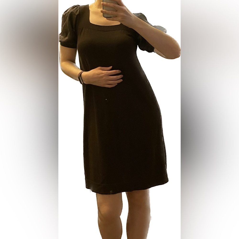 BCBGMaxazria Brown Silk Dress, puff sleeves, S